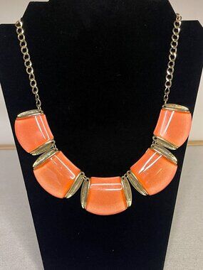Statement Necklace - Orange on Gold * Collar Length * Quality Costume Jewelry